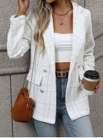 Frenchy Plaid Double Breasted Flap Detail Tweed Blazer