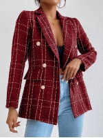 Frenchy Plaid Double Breasted Tweed Blazer