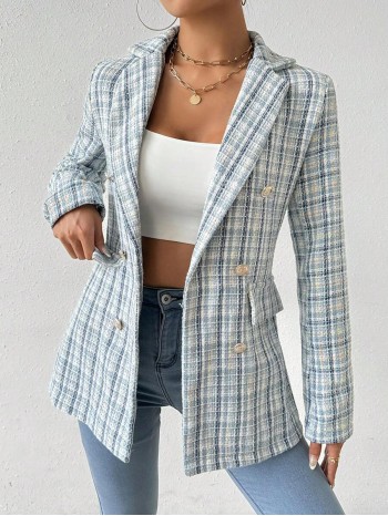 Frenchy Women Spring And Autumn Plaid Blazer With Turn Down Collar Long Sleeves Double Breasted Metal Buttons And Elegant Style