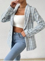 Frenchy Women Spring And Autumn Plaid Blazer With Turn Down Collar Long Sleeves Double Breasted Metal Buttons And Elegant Style