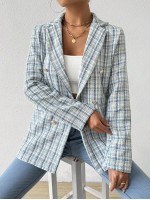 Frenchy Women Spring And Autumn Plaid Blazer With Turn Down Collar Long Sleeves Double Breasted Metal Buttons And Elegant Style