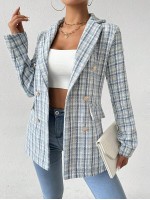 Frenchy Women Spring And Autumn Plaid Blazer With Turn Down Collar Long Sleeves Double Breasted Metal Buttons And Elegant Style