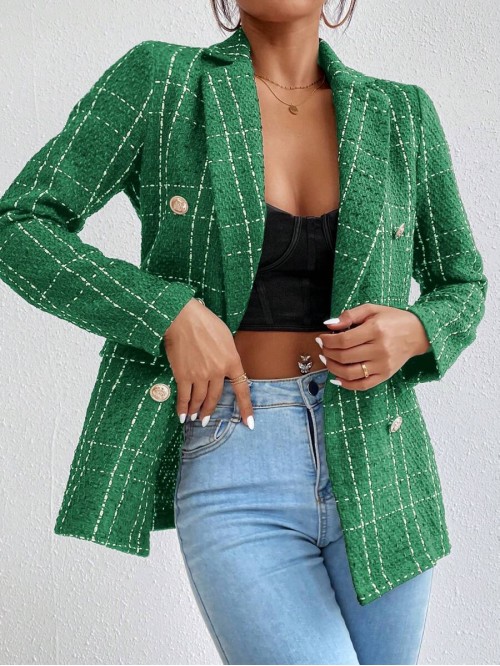 Frenchy Lapel Collar Long Sleeve Plaid Thick Woolen Blazer Jacket