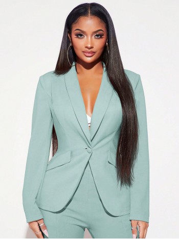 Ladies Single Breasted Blazer With Rounded Collar