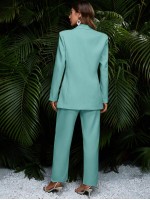 Ladies Solid Color Collar Blocked Long Sleeve Suit Jacket And Pants Set