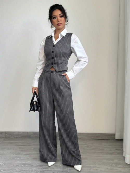 1set Women Casual Striped Vest Women Casual Suit Pants