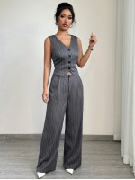 1set Women Casual Striped Vest Women Casual Suit Pants