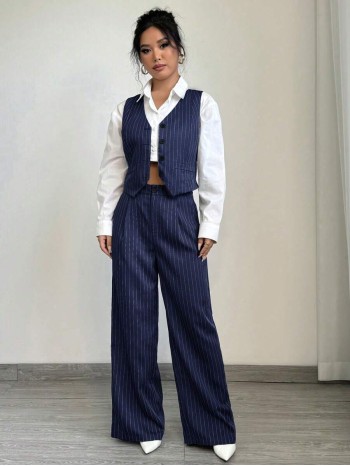 Women s Casual Striped Blazer Vest And Long Pants Suit