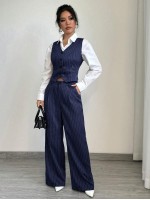 Women s Casual Striped Blazer Vest And Long Pants Suit