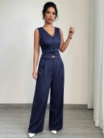 Women s Casual Striped Blazer Vest And Long Pants Suit