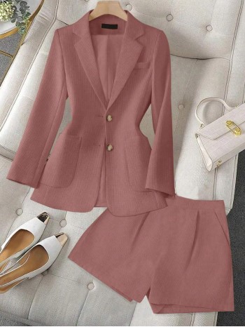 Women s Solid Color Minimalist Daily Wear Long Sleeve Shorts Suit Set